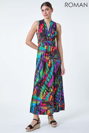 Roman Black Tropical Print Ruched Maxi Dress (E15499) | £48