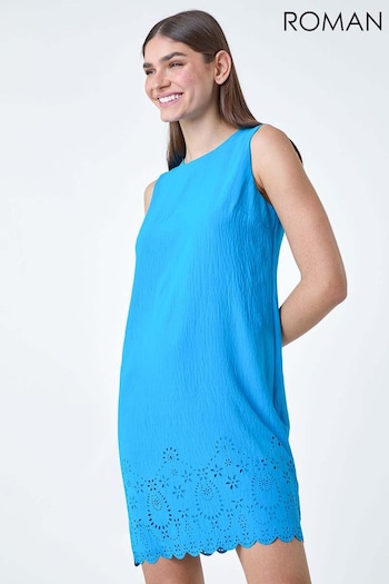 Roman Blue Floral Hem Textured Shift Dress (E15533) | £40
