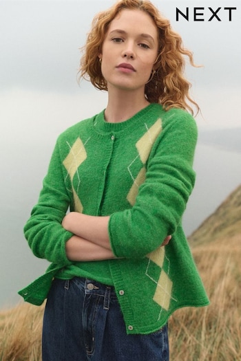 Green Argyle Print Soft Touch Button Through Knitted Cardigan with Alpaca (E15639) | £47