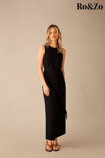 Ro&Zo Linen Blend Tie Waist Column Midi Black Dress (E15662) | £89