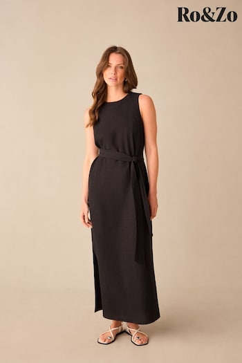 Ro&Zo Petite Linen Blend Tie Waist Column Midi Black Dress (E15663) | £89