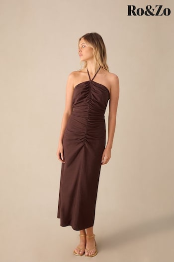 Ro&Zo  Halter Ruched Front Linen Midaxi Brown Dress (E15664) | £109