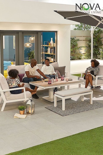 Nova Outdoor Living White Vogue 5 Seater Sofa Dining Set with Rising Table & Bench (E15733) | £2,000