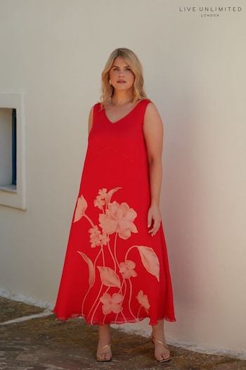 Live Unlimited Curve Petite Red Floral Print Sleeveless Maxi Dress (E15939) | £129