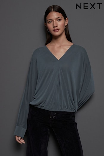 Grey Charcoal Long Sleeve V-Neck Bubblehem Blouse (E16354) | £32