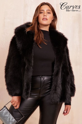 Curves Like These Black Curve Long Sleeve Faux Fur Coat (E17113) | £82