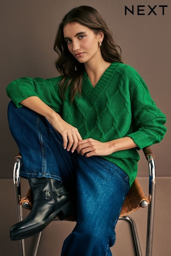 Green Bright Cable Knitted Longline V-Neck Tunic Jumper with Wool (E17139) | £36