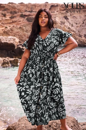 Yours Curve Black Dotted Leaf Print Linen Maxi mom Dress (E17281) | £41