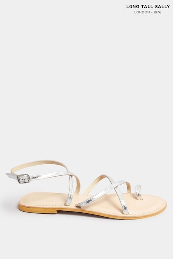 Long Tall Sally Silver Cross Strap Leather Sandals In Standard Fit (E17347) | £34
