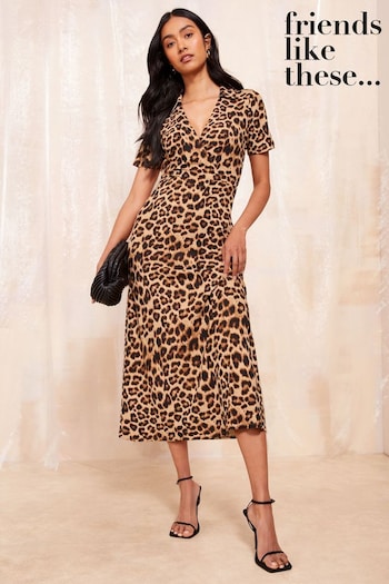 Friends Like These Leopard Animal Print Short Sleeve Wrap Style Midi Dress With Collar (E17468) | £40