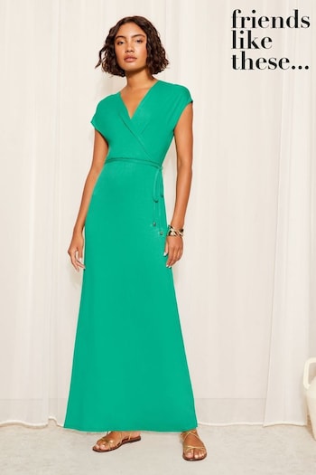 Friends Like These Green Short Sleeve Wrap V Neck Tie Waist Summer Maxi Dress (E17480) | £35