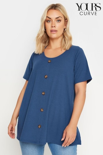 Yours Curve Blue Button Front Ribbed T-Shirt (E17589) | £22