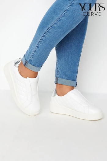 Yours Curve White Quilted Platform Trainers In Extra Wide EEE Fit (E17596) | £39