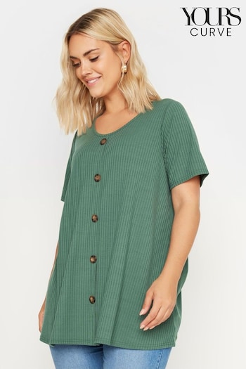Yours Curve Green Button Front Ribbed T-Shirt (E17618) | £22