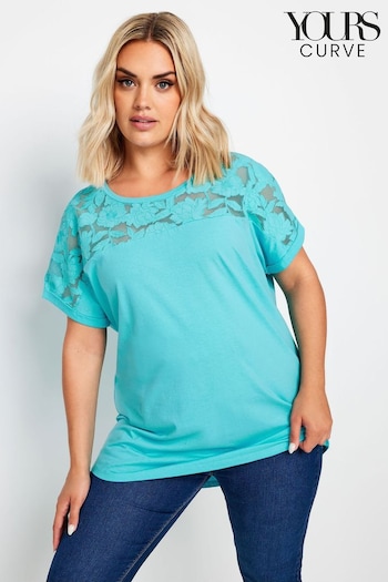 Yours Curve Blue Floral Mesh Panel T-Shirt (E17634) | £22
