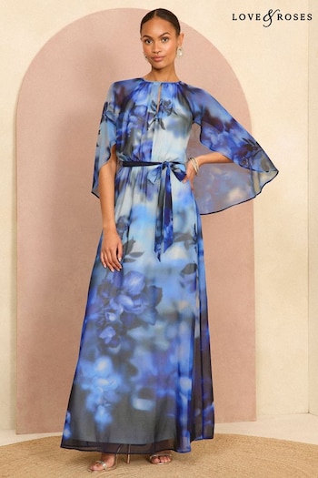 Love & Roses Navy Blue Floral Printed Cape Maxi Dress (E17967) | £79