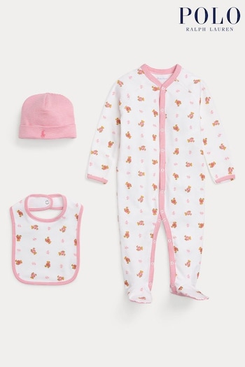 Polo Ralph Lauren Baby Girl White/Pink Bear Cotton 3 Piece Gift Set (E17984) | £115