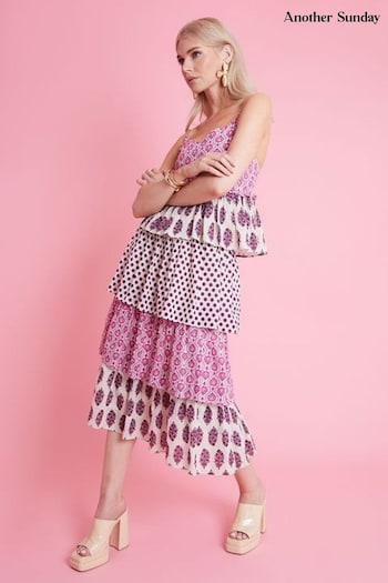 Another Sunday Mix Print Floral Polka Dot Pink Tiered Cami Midi Dress (E18009) | £58