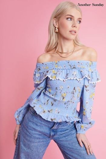 Another Sunday Blue Shirred Bardot Dobby Cotton Blouse Floral Print with Lace Trim (E18011) | £38