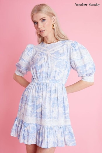 Another Sunday Blue Ruffle Hem Scenic Floral Print Mini Dress with Lace Trims (E18012) | £55
