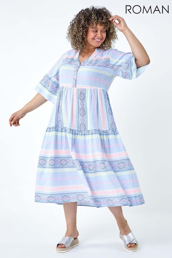 Roman Blue Stripe Print Boho Tiered Dress (E18471) | £50