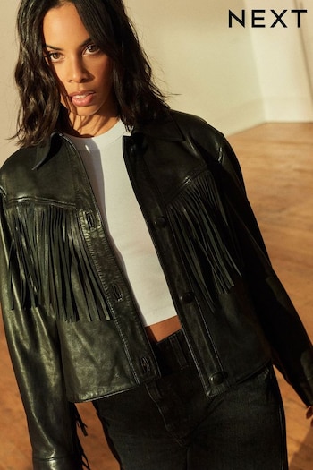 Black Premium Genuine Leather Fringed Jacket (E18906) | £230