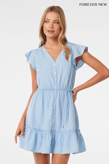 Forever New Blue Rahnee Frill Hem Mini Dress with Linen (E19492) | £75