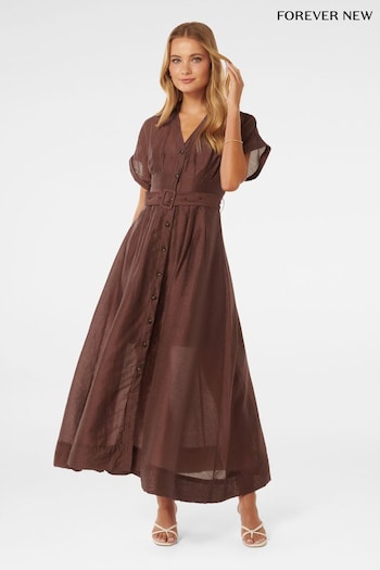 Forever New Brown Judith Shirt Belt Midi Dress contains Linen (E19527) | £90