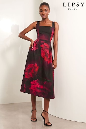 Lipsy Red Floral Square Neck Prom Skater Midi street Dress (E19744) | £86