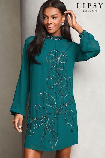 Lipsy Teal Blue Long Sleeve Hand Embellished Artwork Mini Shift Dress (E19807) | £82