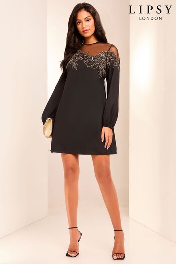 Lipsy Black Long Sleeve Hand Embellished Artwork Mini Shift Dress (E19809) | £82