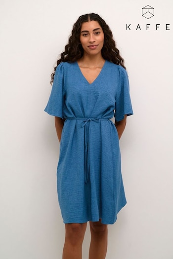 Kaffe Blue Elise V-Neck Knee-Length Belted Dress (E21067) | £45