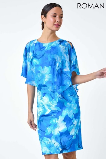 Roman Blue Floral Asymmetric Overlay Chiffon Dress (E21094) | £60