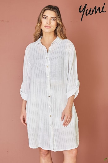 Yumi White Striped Linen Relaxed Fit Longline Shirt (E21122) | £55