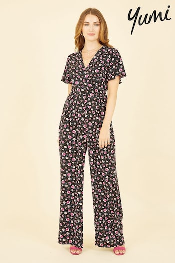 Yumi Black Floral Angel Sleeve Jumpsuit (E21123) | £55