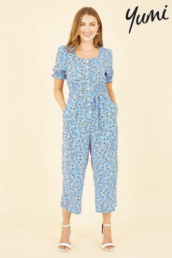 Yumi Blue Floral Puff Sleeve Jumpsuit (E21127) | £55