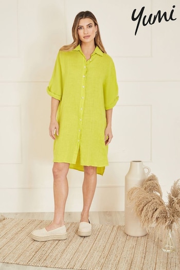 Yumi Green Linen Relaxed Fit Longline Shirt (E21130) | £55
