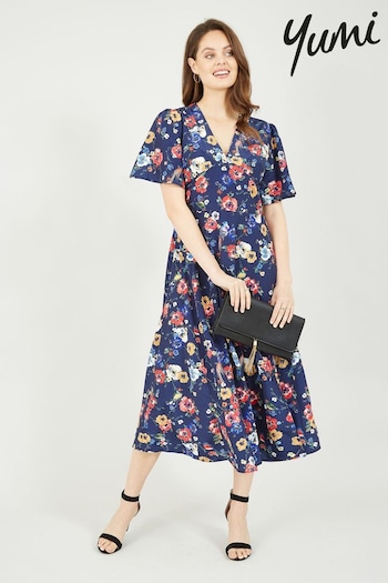 Yumi Blue Bird And Floral Print Midi Dress (E21131) | £50