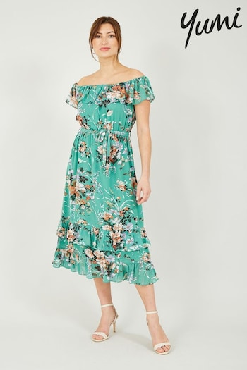 Yumi Green Floral Bardot Dress (E21133) | £55