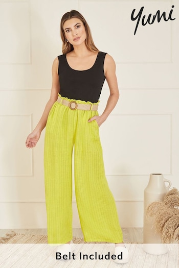 Yumi Green Italian Linen Wide Leg Trousers With Belt (E21140) | £45