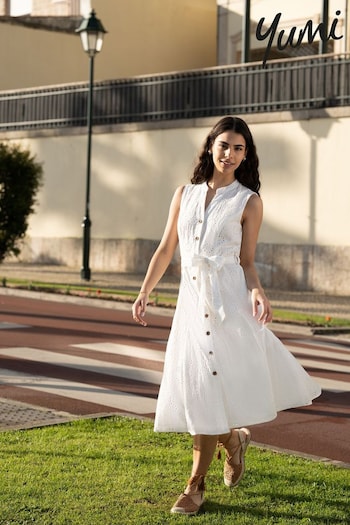 Yumi White Flower Broderie Anglaise Cotton short-sleeve Shirt Dress (E21143) | £65