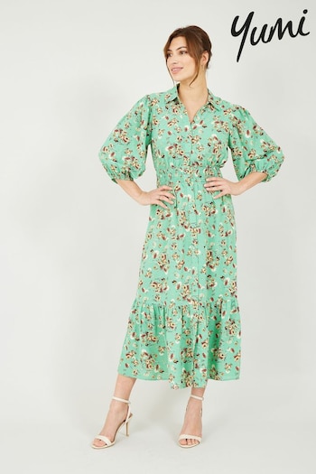 Yumi Green Floral Midi Shirt Dress (E21144) | £50