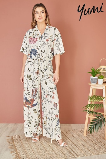 Yumi White Viscose Bird And Floral Print Tie Front Shirt (E21145) | £35