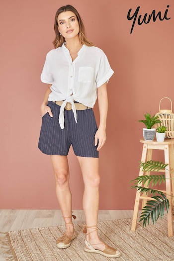 Yumi Blue Striped Italian Linen Shorts sneakers With Belt (E21148) | £35