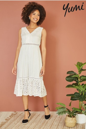Yumi White Lace And Dobby Cotton Midi Dress (E21153) | £50