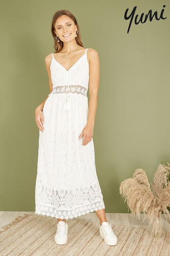 Yumi White Lace Midi Sundress jersey With Tassel Tie and Ruched Back (E21163) | £50