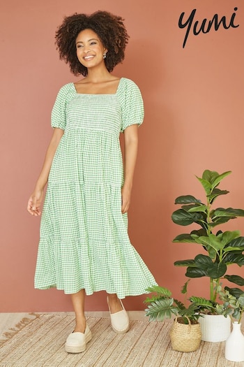 Yumi Green Gingham Smock Puff Sleeve Midi Dress (E21164) | £60