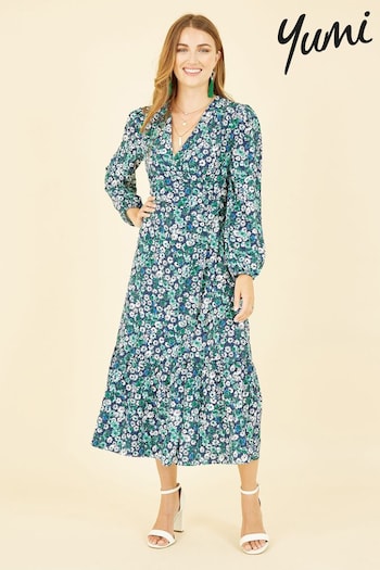 Yumi Green Daisy Print Wrap Midi Dress With Long Sleeves (E21173) | £65