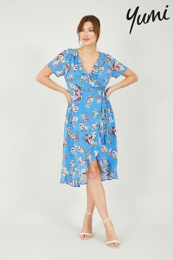 Yumi Blue Floral Wrap Dress (E21174) | £50