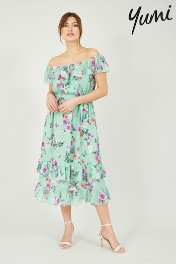 Yumi Green Blossom Butterfly Bardot Dress (E21177) | £55